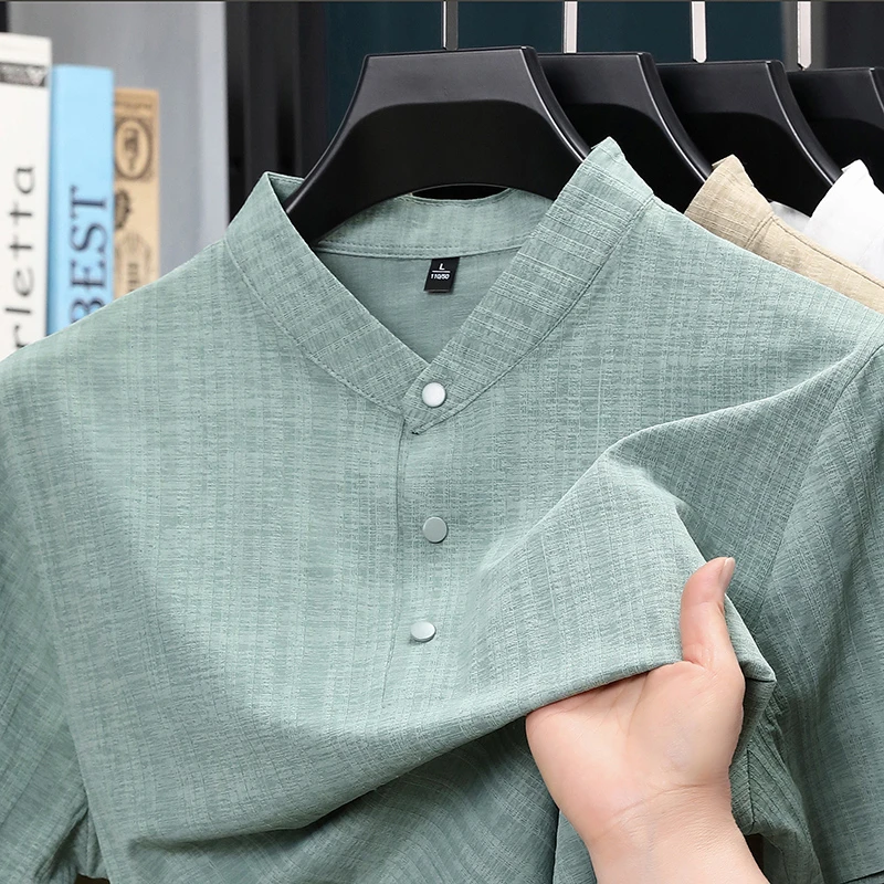 Home Textile - Sommer-Herrenhemd mit Stehkragen und halber Knopfleiste,