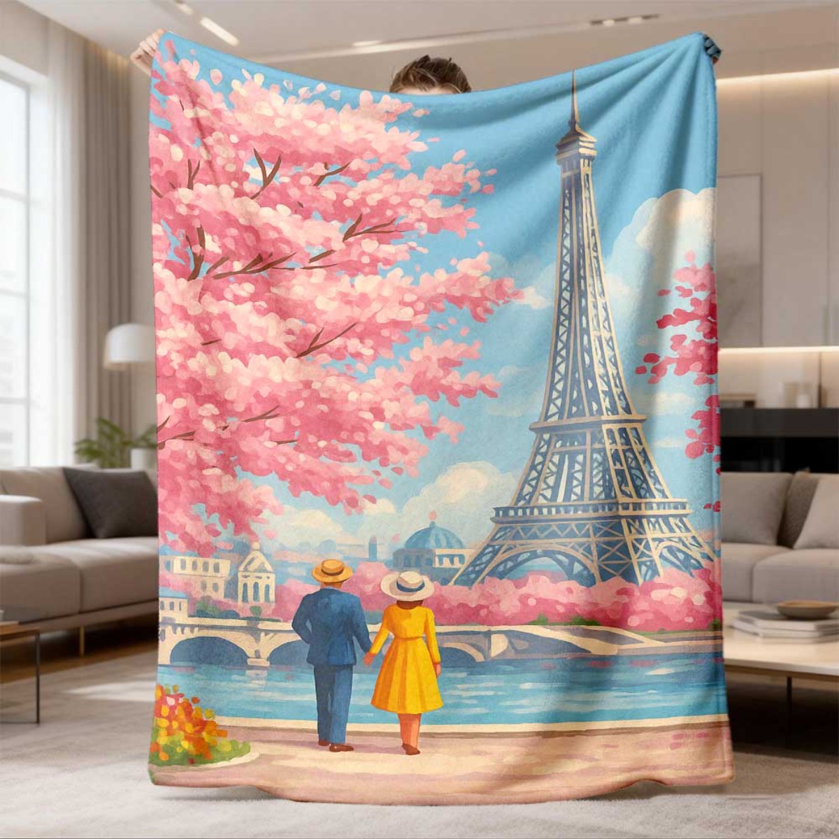 Home Textiles Paris - Eiffelturm-Sakura-Paar-Flanelldecke, weiche, bequeme Kuscheldecke, Vintage-Decke mit