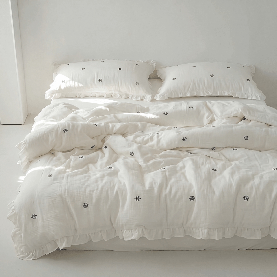 Home Textiles Premium - 3-teiliges Bettwäscheset für Mädchen, weißer Rüschen-Bettbezug,